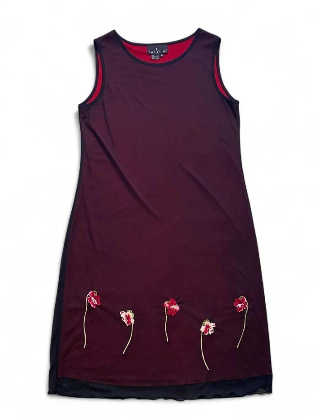 Carole Little Floral Embroidered Shift Dress in Black Over Red